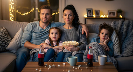 A family of four sits comfortably on a grey sofa, watching a movie together at night with popcorn and drinks on the table. The room is dimly lit with warm string lights in the background, creating a cozy home entertainment atmosphere.の素材