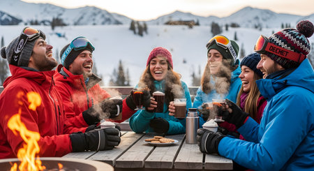 A joyful group of friends laughs while toasting with mugs of hot chocolate and warm drinks at a snowy ski resort. Dressed in winter gear and goggles, they enjoy an apres-ski gathering by a fire pit with mountains in the background.の素材