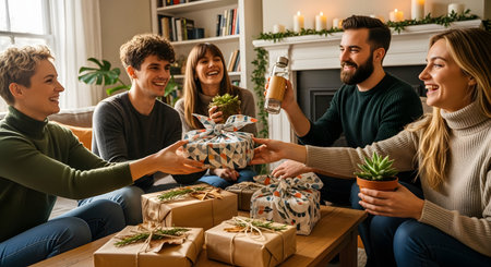 A group of happy friends gathered in a cozy living room exchanges gifts wrapped in sustainable fabric during a holiday celebration. Smiling and laughing, they enjoy a warm moment of togetherness and eco-conscious giving.の素材