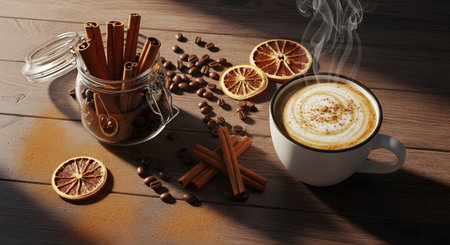 A hot cup of cappuccino with artistic foam sits on a wooden table, emitting swirls of steam in the morning light. A glass jar of cinnamon sticks, scattered coffee beans, and dried orange slices surround the mug, creating a cozy and aromatic atmosphere. The image evokes the warmth and comfort of a relaxing coffee break.の素材