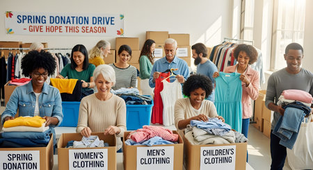 A diverse group of smiling volunteers works together to sort donated clothing into boxes at a community center. A banner in the background reads 'Spring Donation Drive', creating an atmosphere of charity, teamwork, and community support.の素材