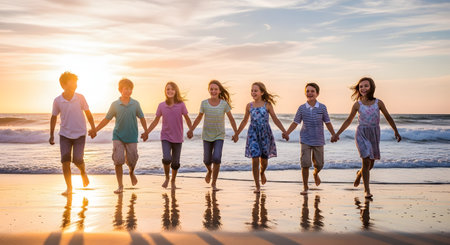 A group of seven happy children runs towards the camera while holding hands on a sandy beach during a golden sunset. The ocean waves crash gently in the background, capturing the pure joy and freedom of childhood summer vacations.の素材