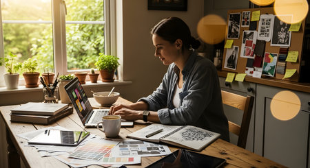A creative female professional works on a laptop at a wooden desk in a cozy home office filled with plants and mood boards. She holds a coffee cup, looking focused on her screen, surrounded by design sketches and color palettes. The warm lighting creates a productive and inspiring atmosphere.の素材