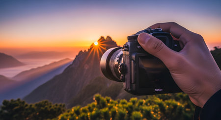 A photographer's hand holding a digital camera capturing a stunning mountain sunrise. The camera screen displays the sun bursting over the peaks in the distance.の素材