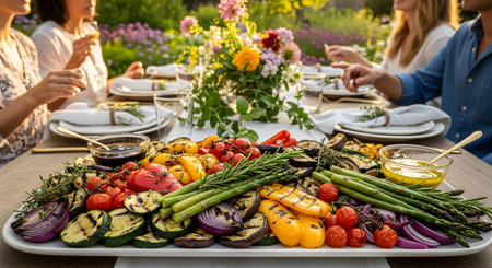 A large platter of grilled vegetables including asparagus, peppers, and zucchini sits on a dining table at an outdoor garden party. In the background, friends enjoy a meal, highlighting themes of healthy eating and social gathering.の素材