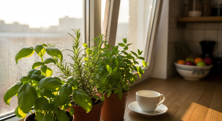 Fresh potted herbs, including basil and rosemary, sitting on a kitchen window sill bathed in warm morning sunlight. Condensation droplets on the window pane add a fresh and cozy atmosphere to the scene.の素材