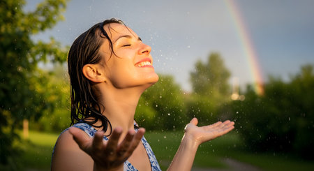 A joyful young woman stands in a gentle summer rain shower with her hands outstretched, smiling with eyes closed. A bright rainbow arches in the background, symbolizing happiness, hope, and enjoying the beauty of nature.の素材