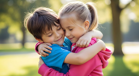 A close-up portrait of a young boy and girl hugging affectionately in a sunlit park. Their closed eyes and smiles convey deep friendship, sibling love, and childhood innocence.の素材