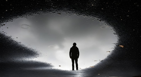 A moody reflection of a person's silhouette standing in a large puddle on asphalt. The water mirrors a gloomy sky creating a mysterious and abstract urban composition.の素材