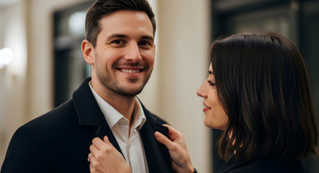 A beautiful woman smiles while adjusting the lapel of a handsome man's coat in an elegant indoor setting. The couple shares a romantic and affectionate moment, looking happy and well-dressed for a formal occasion.の素材