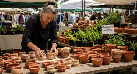 A mature woman with grey hair carefully arranges handmade clay pots and bowls on a wooden table at an outdoor market. The stall is filled with various terracotta items and potted herbs, creating a rustic and artisanal atmosphere. A sign reads 'Handcrafted Clayware'.の素材