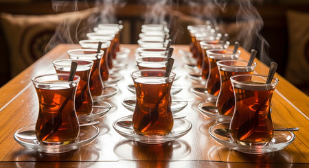 Rows of traditional tulip-shaped glass cups filled with hot black tea sitting on saucers with spoons. Steam rises from the freshly poured beverage ready for serving at a gathering.の素材