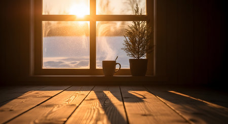 A steaming cup of coffee and a small potted plant sit on a wooden window sill against a backdrop of a snowy winter landscape at sunrise. The golden light streams through the frosted glass, creating a warm and cozy morning atmosphere.の素材