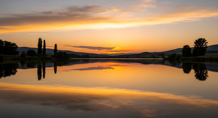 A tranquil lake reflects the vibrant orange and golden hues of a breathtaking sunset sky, creating a mirror-like surface. Silhouetted trees and rolling hills line the horizon, enhancing the peaceful and dramatic atmosphere of the dusk landscape. The wide panoramic view captures the beauty of nature at twilight.の素材