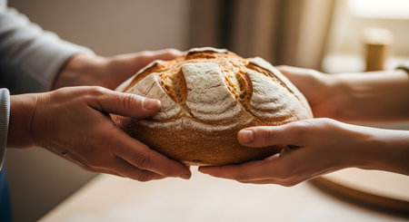 Close-up of two pairs of hands holding and sharing a round loaf of rustic bread. The warm, inviting image symbolizes charity, sharing, community, and the importance of basic sustenance.の素材