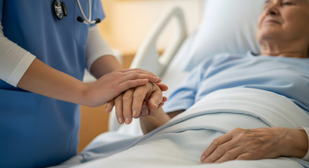 A medical professional in blue scrubs gently holds the hand of an elderly patient resting in a hospital bed. The close-up shot focuses on the comforting touch, symbolizing empathy, care, and support in a healthcare setting. This image represents the compassionate bond between nurse and patient during recovery.の素材