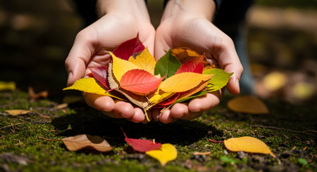 A pair of hands gently holds a collection of vibrant autumn leaves in various shades of red, yellow, and green. The close-up shot captures the beauty of the changing seasons against a blurred natural background.の素材
