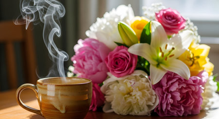 A ceramic cup of hot coffee releases swirls of steam, illuminated by morning sunlight. In the background, a vibrant bouquet of blooming roses and lilies creates a fresh and cozy atmosphere perfect for starting the day.の素材