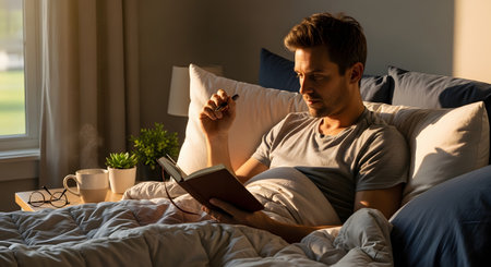 A handsome man sits in bed in the morning, writing in a notebook with a pen. Sunlight streams into the cozy bedroom, casting warm shadows. A cup of coffee and glasses sit on the nightstand, creating a relaxed and reflective atmosphere.の素材