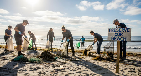 A group of dedicated volunteers cleans up seaweed and trash from a sunny beach, filling bags and using rakes. A sign reading 'Preserve Our Beach' stands in the foreground, highlighting community effort and environmental conservation.の素材