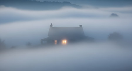 A silhouette of a house with warm light glowing from its windows stands isolated in a thick, mysterious fog. The blue-toned mist envelops the building and surrounding trees, creating a spooky and dreamlike atmosphere. This landscape evokes feelings of solitude, mystery, and the comfort of home amidst the cold.の素材
