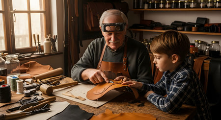 A grandfather wearing a magnifying visor teaches his young grandson how to work with leather in a well-equipped workshop. The older man points to a stitching pattern on a leather piece while the boy listens attentively. The scene highlights generational bonding and the passing down of traditional skills.の素材