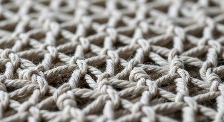 A close-up macro shot revealing the intricate texture of a beige macrame rope net. The image highlights the knotted patterns and fibrous details of the woven material, creating a repetitive and rustic design.の素材