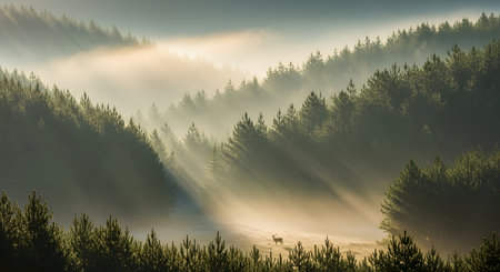 A breathtaking landscape of a pine forest shrouded in morning mist, with sunbeams piercing through the trees to illuminate the valley floor. A lone deer stands in the clearing, adding a touch of wildlife to the serene and ethereal scene. The layers of hills fade into the foggy distance.の素材