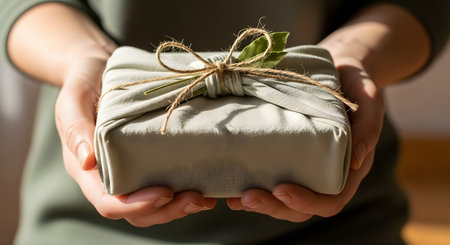 Hands gently hold a gift box wrapped in sage green fabric, tied with natural twine and decorated with a fresh green leaf. The image highlights sustainable, zero-waste packaging aesthetics suitable for holidays or birthdays. Soft natural light illuminates the texture of the cloth and the organic details of the presentation.の素材