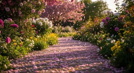 A picturesque garden path completely covered in fallen pink flower petals during the spring season. Blooming bushes and trees line the walkway, creating a romantic and colorful floral landscape illuminated by sunlight.の素材