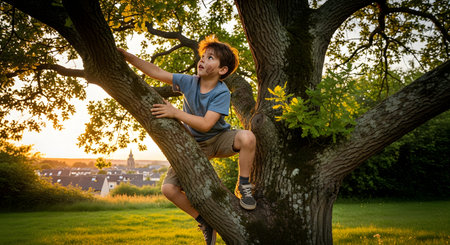 A young boy climbs a large oak tree, looking up excitedly towards the branches during a golden hour sunset. Sunlight filters through the green leaves, illuminating his face and capturing the spirit of childhood adventure and exploration. In the background, a village landscape adds context to the outdoor play.の素材