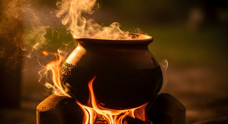 A traditional earthenware clay pot sits on an open wood fire, enveloped in flames and smoke against a dark background. The rustic cooking method suggests ancient traditions or outdoor camping cuisine.の素材