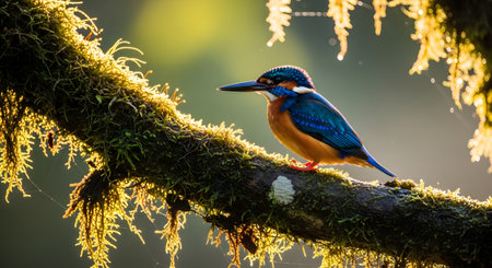 A magnificent Kingfisher bird with vibrant blue and orange feathers perched on a moss-covered branch. The bird is illuminated by golden backlighting, creating a beautiful and natural wildlife portrait.の素材