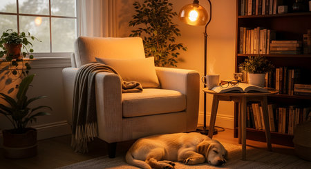 A cozy reading nook illuminated by a warm floor lamp features a comfortable beige armchair with a knitted throw. A golden retriever dog sleeps peacefully on the rug beside a small table with an open book, glasses, and a mug of tea.の素材