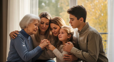 A multi-generational family, including a daughter and grandchildren, gathers around a sad grandmother to comfort and support her. They hold her hands and hug her near a window, expressing empathy, love, and shared grief. The emotional scene highlights the strength of family bonds during difficult times.の素材