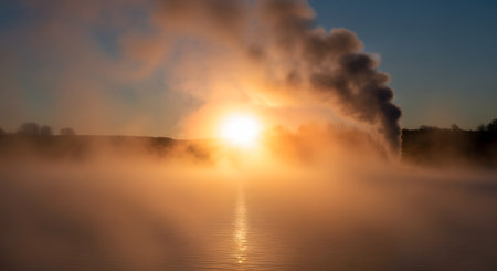 A dramatic landscape of a misty lake at sunrise with a large plume of steam or smoke rising into the golden sky. The reflection on the water adds to the atmospheric and scenic view.の素材