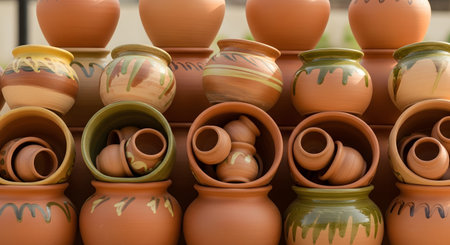 A display of earthenware pottery features stacked and nesting terracotta pots with simple green and brown painted designs. The collection includes various shapes and sizes, suitable for gardening or decoration. The image captures the texture and warmth of traditional clay craftsmanship.の素材