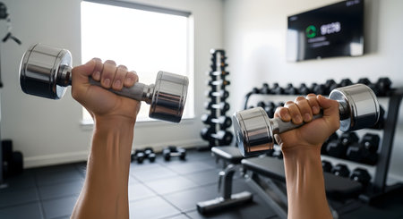 Close-up view of hands gripping metal dumbbells during a workout session in a gym. The blurred background features a rack of weights and a fitness monitor, highlighting a dedicated exercise environment. This image represents strength training, health, and physical fitness activities.の素材