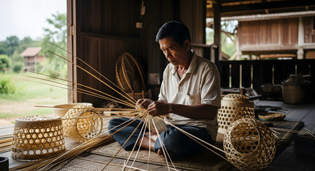 An elderly Asian man sits on a mat weaving intricate bamboo baskets by hand in a traditional wooden house. He is focused on assembling the strips of bamboo into round structures showcasing cultural craftsmanship.の素材
