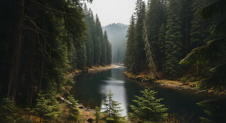 A serene landscape featuring a calm river winding through a dense forest of towering pine trees. Mist hangs over the evergreen foliage, creating a moody and atmospheric nature scene. The image captures the tranquility and raw beauty of the wilderness.の素材