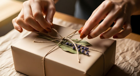 Female hands carefully tie a jute string bow around a gift box wrapped in plain brown paper. The package is garnished with a dried bay leaf and lavender sprigs, emphasizing eco-friendly and sustainable gift wrapping. The warm lighting highlights the natural textures and the act of giving.の素材