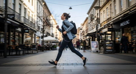 A young woman with a backpack and headphones walks briskly through a European-style city street. She is listening to music and commuting, capturing a dynamic urban lifestyle moment with blurred motion in the background.の素材