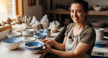 A smiling female artist stands in her pottery workshop holding a beautifully hand-painted blue and white ceramic bowl. The studio background is filled with various pottery tools, clay, and unfinished creations.の素材