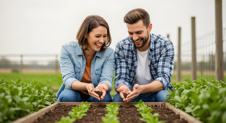 A smiling young couple crouches by a raised garden bed, holding handfuls of dark, rich soil. They look at the dirt with satisfaction, representing successful gardening and sustainable agriculture. The scene is set outdoors with young green plants growing in the foreground.の素材