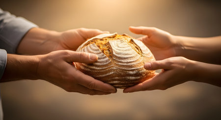 Two pairs of hands hold a round loaf of rustic sourdough bread, depicting a moment of sharing or giving. The bread features a flour-dusted, scored crust, highlighting artisanal baking quality. The warm, blurred background focuses attention on the connection and the food.の素材