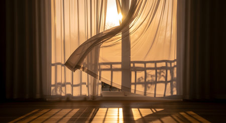 Sheer white curtains billow gently in the breeze at an open window, with warm sunset light streaming through. The golden sunlight casts long, dramatic shadows on the wooden floor, creating a serene and airy atmosphere. The scene captures the beauty of simple home moments and the feeling of a fresh breeze.の素材
