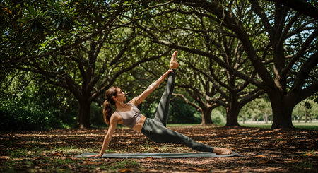 A fit woman performs a challenging yoga pose on a mat in a park, surrounded by large, shady trees. The outdoor setting emphasizes physical fitness, flexibility, and the connection between exercise and nature.の素材