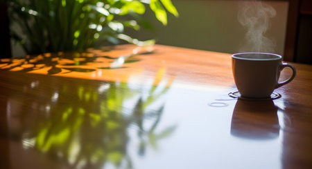 A white cup of hot steaming coffee sits on a polished wooden table, illuminated by morning sunlight. The shadows of leaves dance on the surface, creating a warm, peaceful, and aesthetic atmosphere for a morning break.の素材