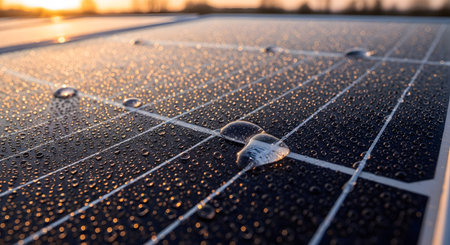 Close-up view of solar panels covered in water droplets reflecting the warm light of sunset. The image highlights renewable energy technology and sustainability in wet weather conditions.の素材