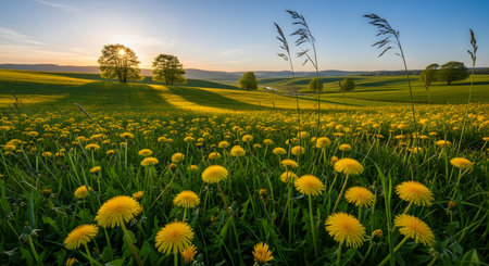 A breathtaking landscape of a rolling green meadow filled with blooming yellow dandelions at sunrise. The sun bursts through the trees in the background, casting long shadows and bathing the rural scene in golden light.の素材